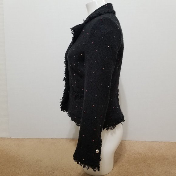 Silkland blazer Small sequin bling eyelash trim knit tweed jacket three buttons - Picture 2 of 13